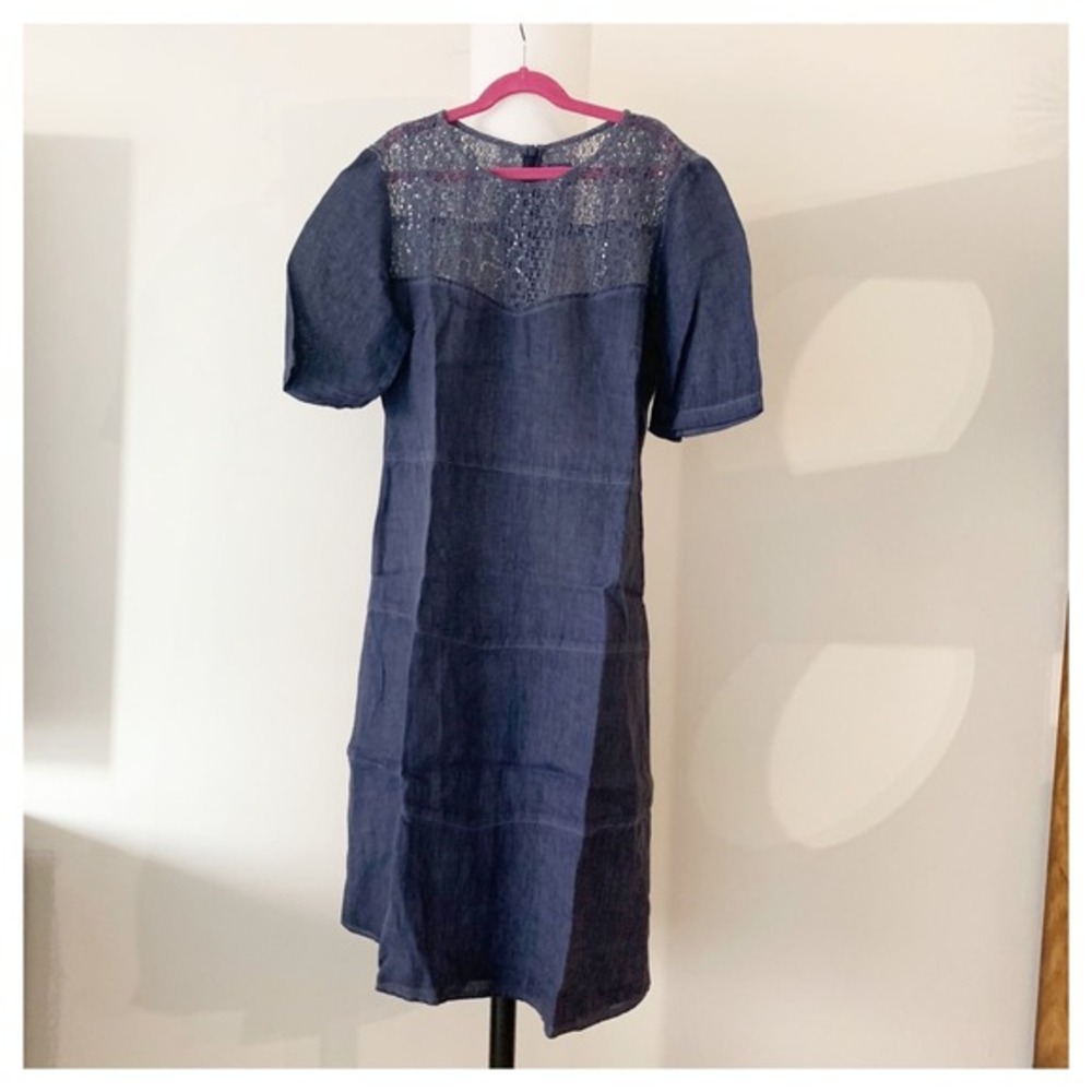 120% LINO short sleeve Linen Sheath dress Blue. Lace Top Size 42/8